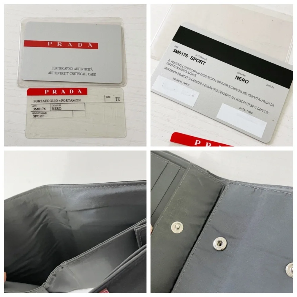 Prada black tech nylon red logo vintage trifold snap wallet
